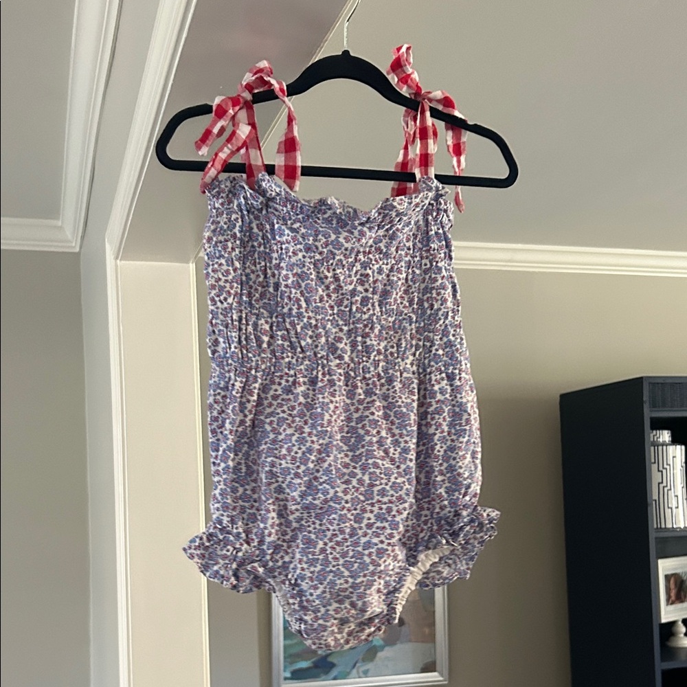 Floral kids Romper with Red Gingham Straps